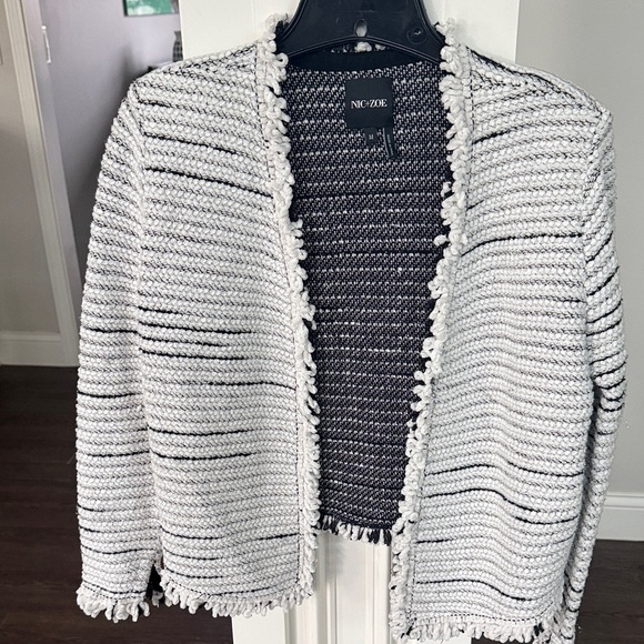 NIC+ZOE Sweaters - NIC+ZOE White and Black Open-Front Fringe-Trim Knit Cardigan